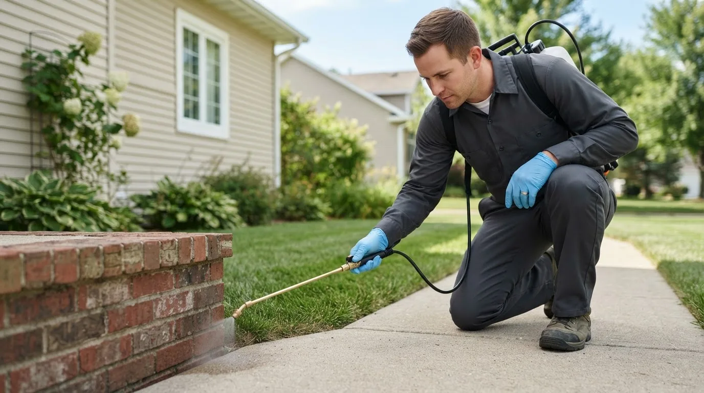 Pest control technician treating a home near Scotland, CT